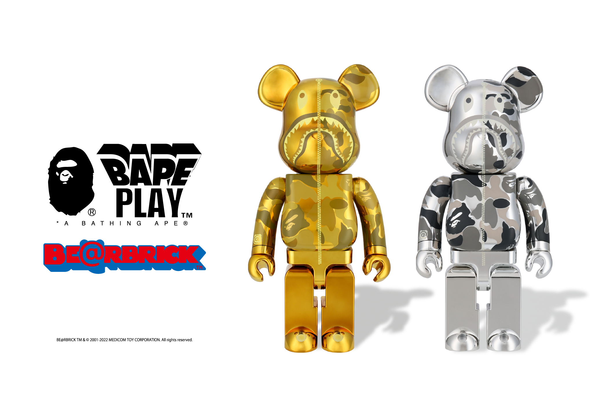 BE@RBRICK BAPE SHARK 1000% GOLD SILVER BE@RBRICK BAPE®︎ CAMO SHARK GOLD & SILVER – uk.bape.com
