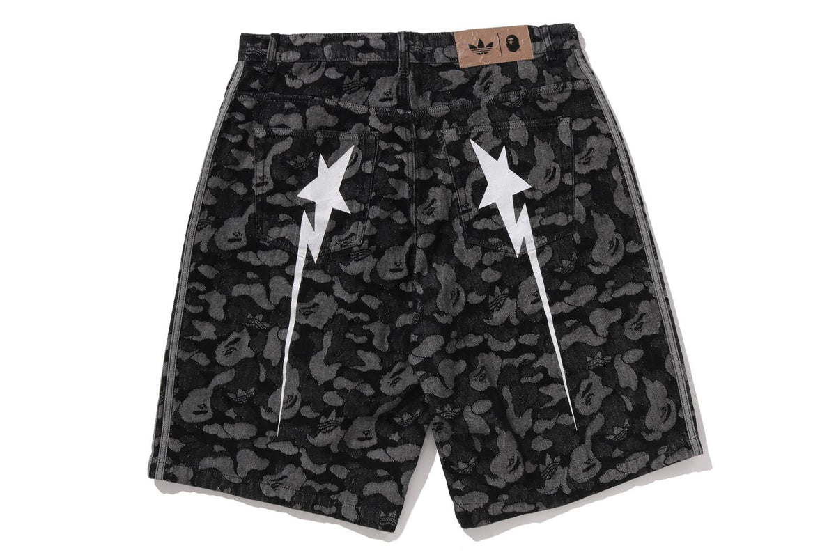 BAPE X ADIDAS CAMO JACQUARD SHARK DENIM JORTS