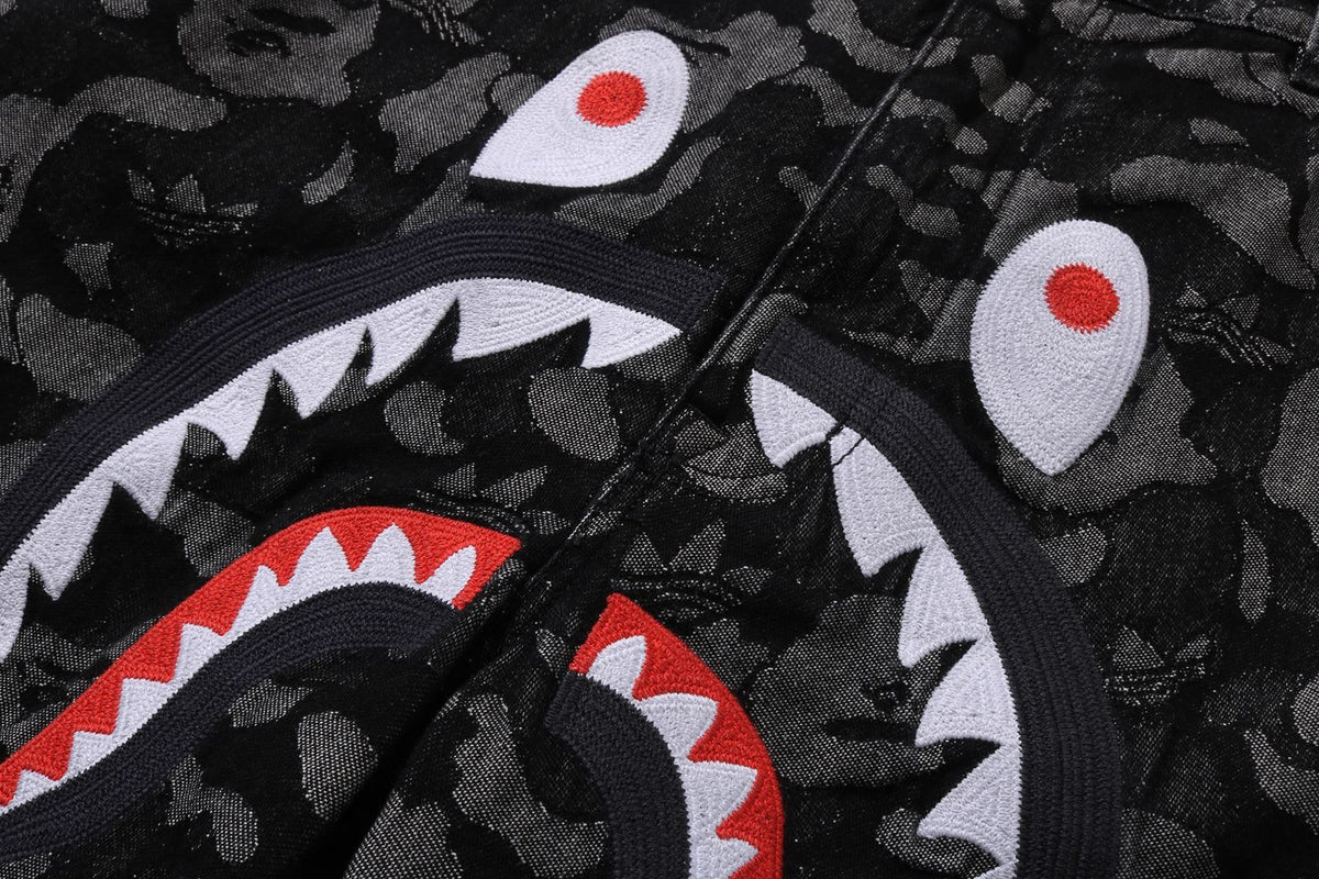 BAPE X ADIDAS CAMO JACQUARD SHARK DENIM JORTS