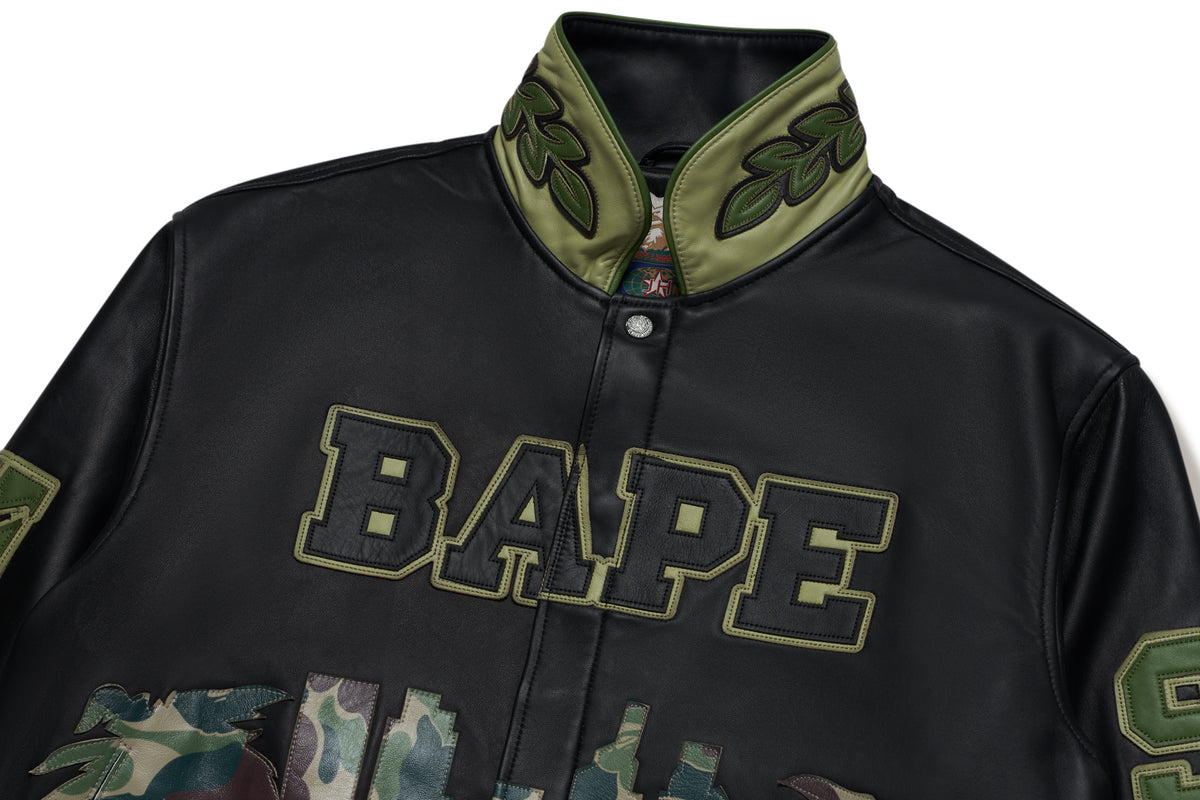 BAPE X JEFF HAMILTON - ABC CAMO MULTI LOGO PATCHED LEATHER JACKET