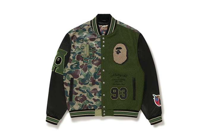 BAPE X JEFF HAMILTON - ABC CAMO MULTI LOGO PATCHED WOOL AND LEATHER VARSITY JACKET