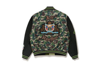 BAPE X JEFF HAMILTON - ABC CAMO MULTI LOGO PATCHED WOOL AND LEATHER VARSITY JACKET