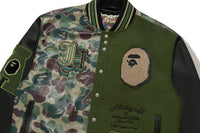 BAPE X JEFF HAMILTON - ABC CAMO MULTI LOGO PATCHED WOOL AND LEATHER VARSITY JACKET