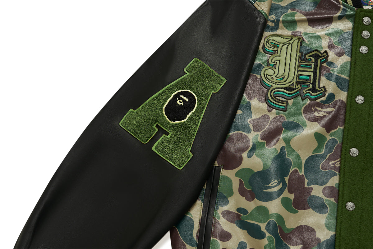 BAPE X JEFF HAMILTON - ABC CAMO MULTI LOGO PATCHED WOOL AND LEATHER VARSITY JACKET