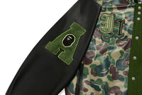 BAPE X JEFF HAMILTON - ABC CAMO MULTI LOGO PATCHED WOOL AND LEATHER VARSITY JACKET