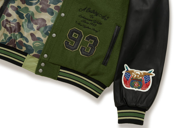 BAPE X JEFF HAMILTON - ABC CAMO MULTI LOGO PATCHED WOOL AND LEATHER VARSITY JACKET