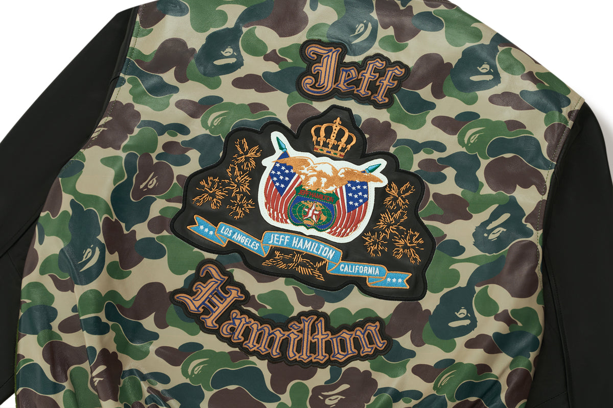 BAPE X JEFF HAMILTON - ABC CAMO MULTI LOGO PATCHED WOOL AND LEATHER VARSITY JACKET