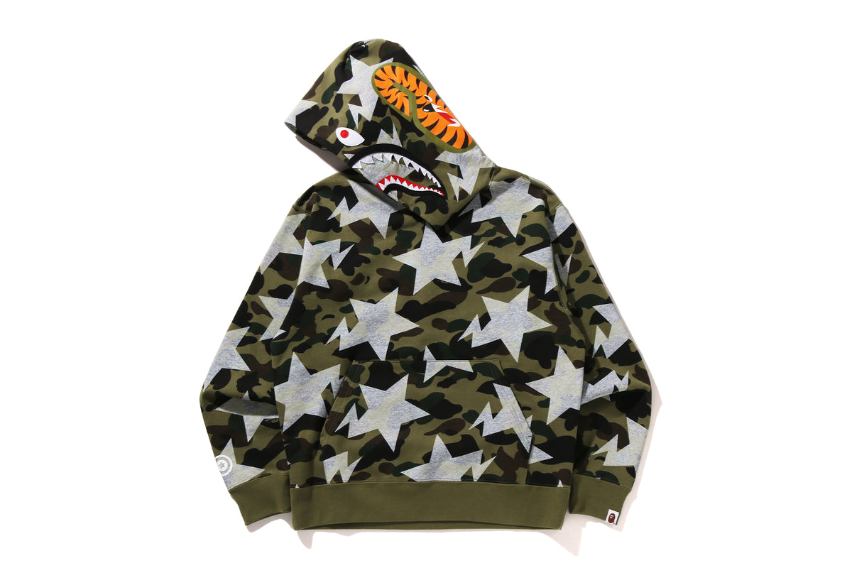 STA OVER PRINT 1ST CAMO SHARK CROPPED FIT PULLOVER HOODIE