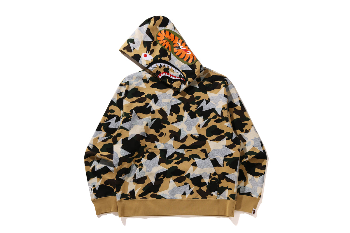 STA OVER PRINT 1ST CAMO SHARK CROPPED FIT PULLOVER HOODIE