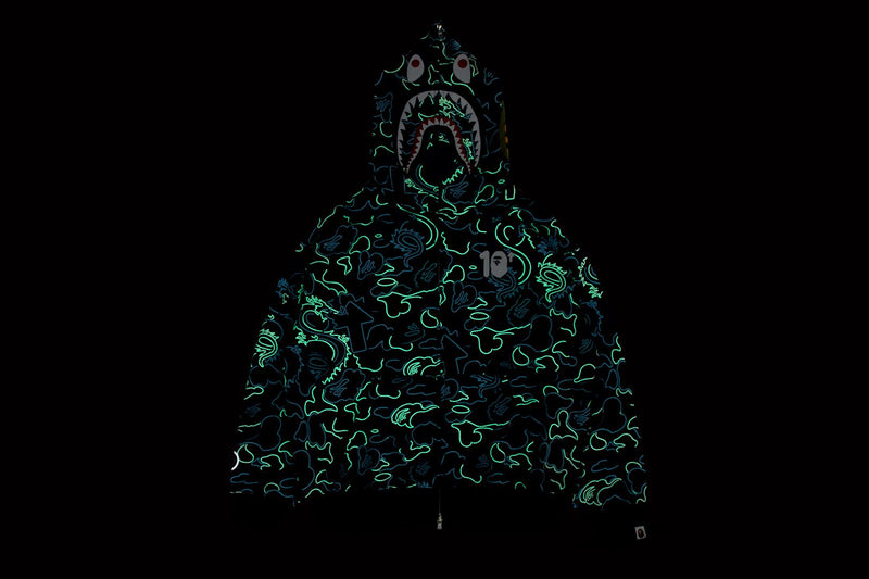 BAPE X 88RISING GLOW IN THE DARK CAMO SHARK FULL ZIP HOODIE
