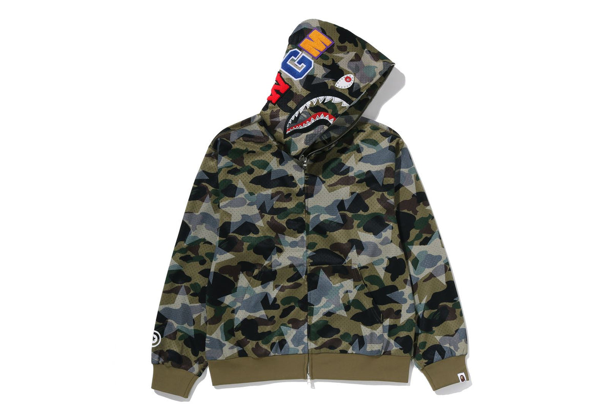 STA OVER PRINT 1ST CAMO MESH SHARK CROPPED FIT FULL ZIP HOODIE