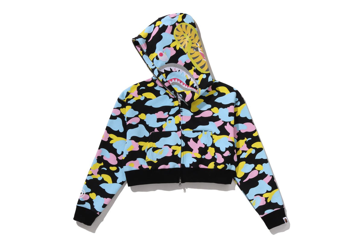 NEW MULTI CAMO SHARK CROPPED FULL ZIP HOODIE LADIES