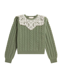 BAPY LACE-PATCHED CABLE KNIT TOP