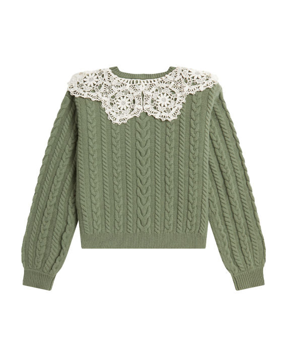 BAPY LACE-PATCHED CABLE KNIT TOP